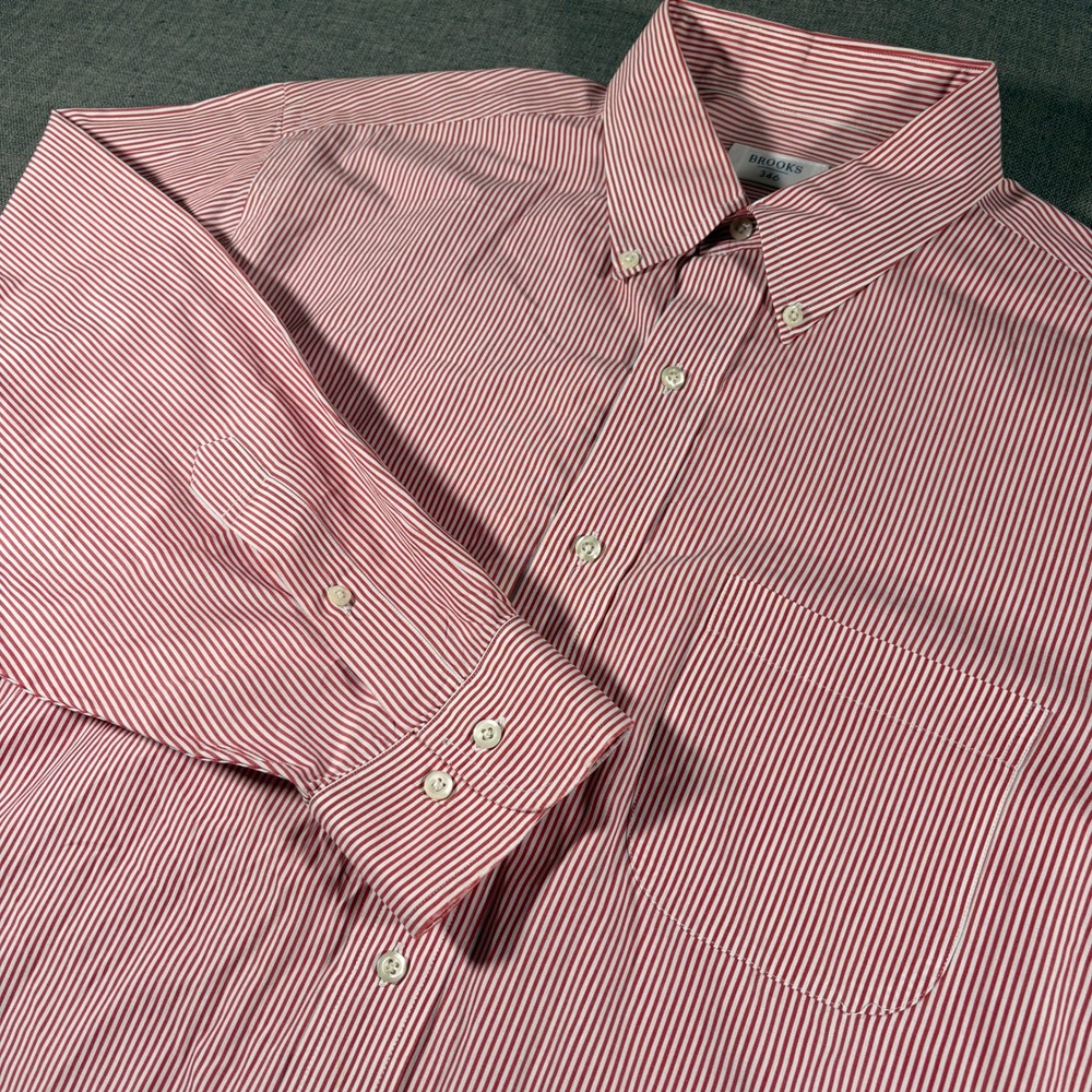 Brooks Brothers 346 Button Down Shirt Mens Large Red White Striped Long Sleeve
